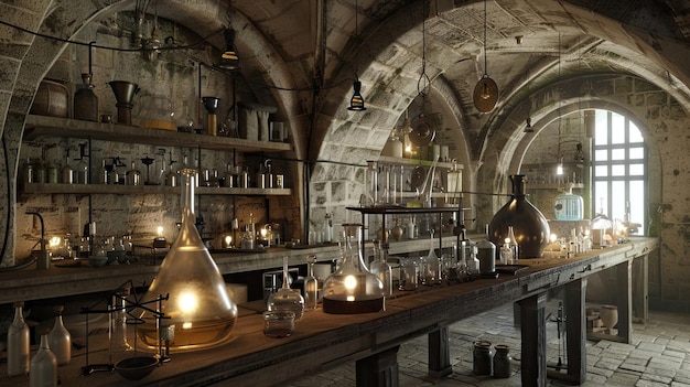 Foto mittelalterliche laborwohnung für alchemie-experimente tief unterirdischer raum flaschen störung alchemieausrüstung feuchtigkeit forscherraum vor neugierigen augen versteckt konzept generativ von ki