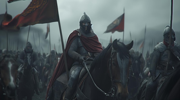 Mittelalterliche Ritter kämpfen vor dem Schloss die Belagerung Krieg um das Königreich Kriege in Rüstung mit Schwertern Speeren und Schilden