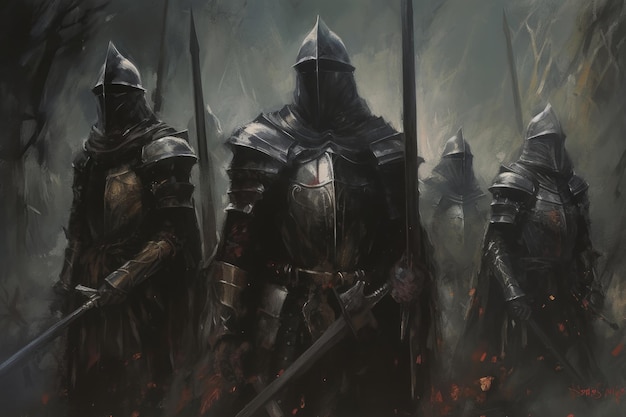 Mittelalterliche Ritter stehen zusammen in einer Szene im Stil von Speedpainting Generative KI