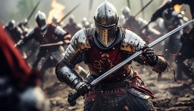 Mittelalterliche Schlacht mit Rittern und Pferden Illustration