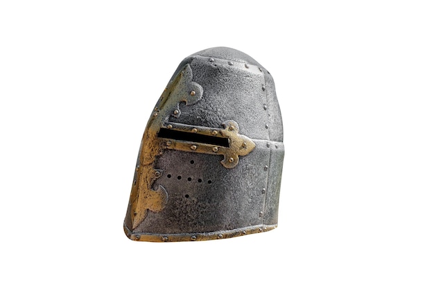 Mittelalterlicher Metallhelm lokalisiert auf Weiß