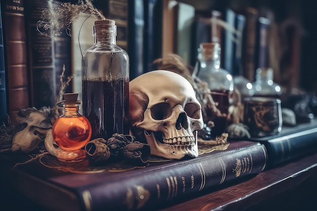 Mittelalterliches Alchemielabor mit verschiedenen Flaschen und alten Büchern während der Halloween-KI