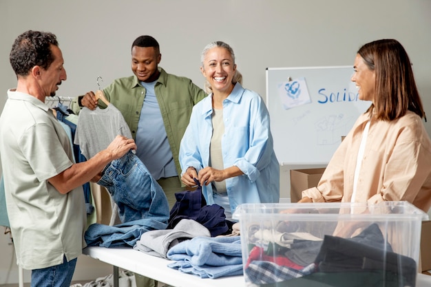 Foto mittelgroße leute, die kleidung sammeln