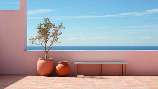 Foto mittelmeer-terrasse mit rosa wänden und lehmtöpfen