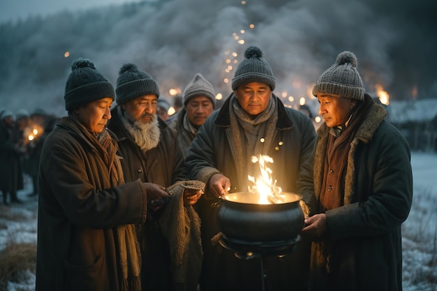 Foto mitten im winterfrost veranstalten die dorfbewohner ein ritual, bei dem das feuer angezündet wird