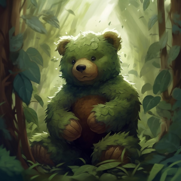 Mitten in einem generativen Wald sitzt ein grüner Teddybär