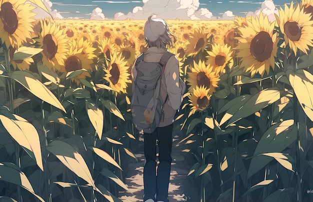 Mitten in einem Sonnenblumenfeld im Anime-Stil stehen