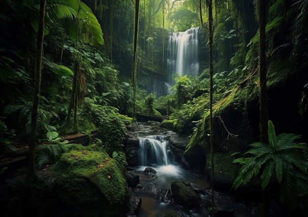 Mitten in einem üppigen grünen Wald gibt es einen Wasserfall