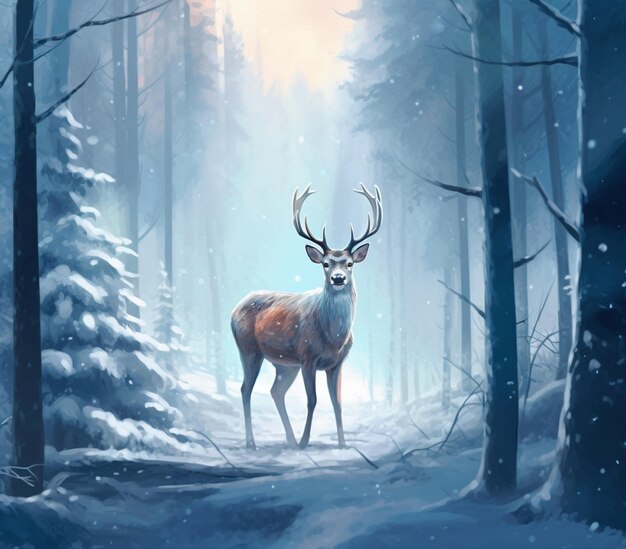 Mitten in einem verschneiten Wald steht ein Hirsch