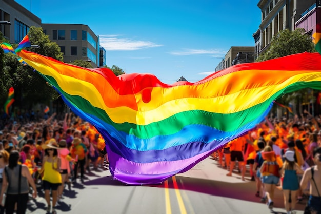 Mitten in einer Parade wird eine Regenbogenfahne getragen.