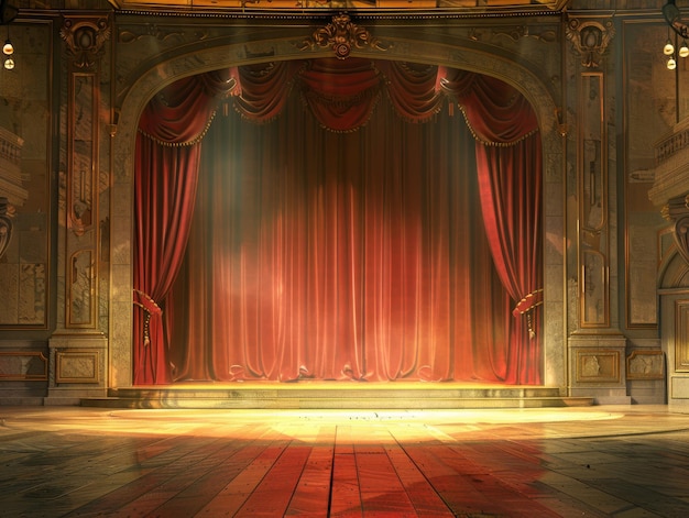 Mittlere Aufnahme einer Theaterbühne mit rotem Vorhang im Hintergrund