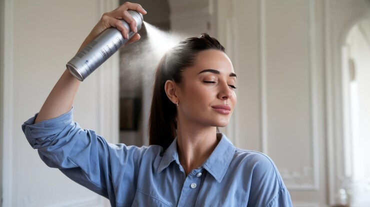 Foto mittlere schuss frau mit hr-spray