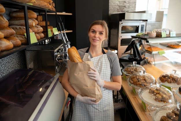 Mittlere Schussfrau, die in der Bäckerei arbeitet