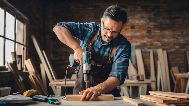 Mittlerer erwachsener Zimmermann benutzt einen Bohrer, während er in einer Werkstatt mit Holz arbeitet