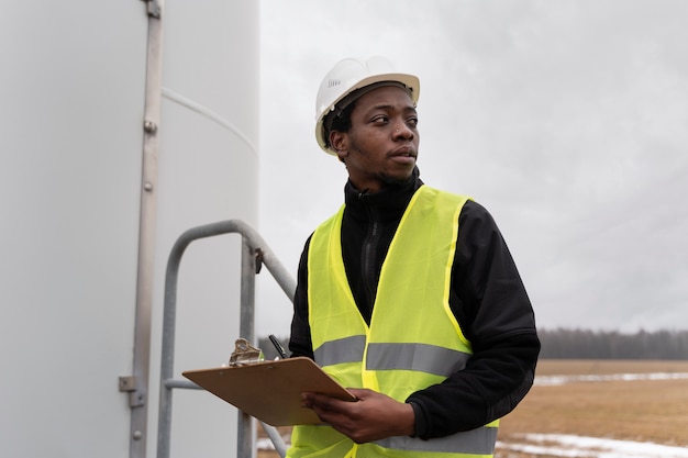 Foto mittlerer schussingenieur, der dokument hält