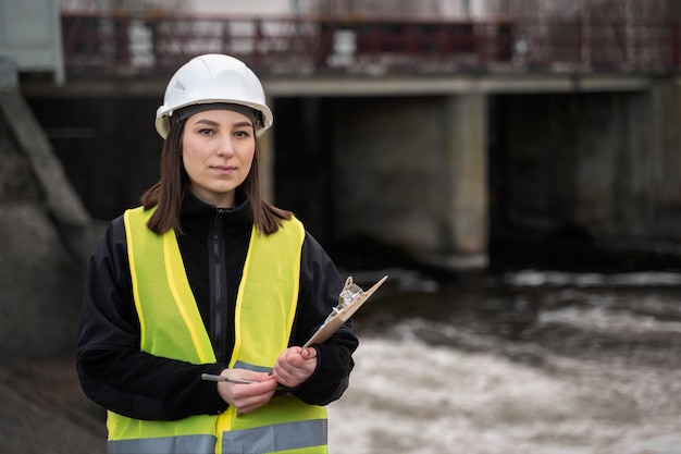 Foto mittlerer schussingenieur, der sicherheitsausrüstung trägt