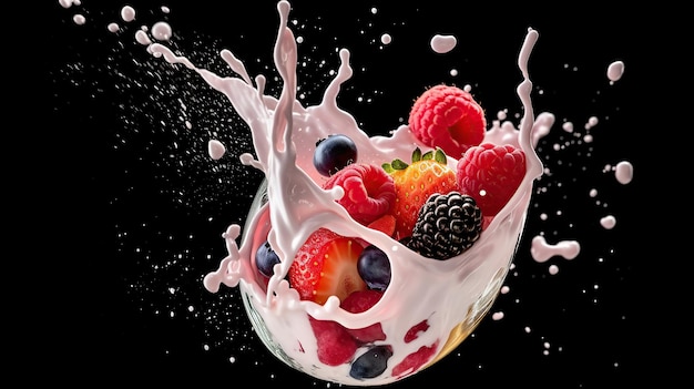 Mixberries Milksplash auf schwarzem Hintergrund Generative KI