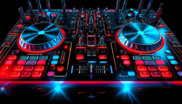 Mixer de um DJ com luzes vermelhas e azuis