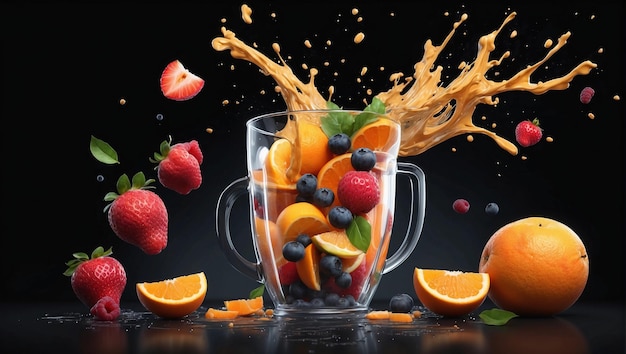 Mixer mit Fruchtfliegen, isoliert auf schwarzem Hintergrund, Fruchtsaft und Spritzer