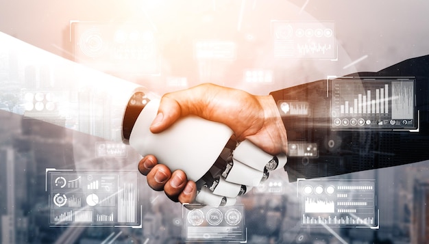 Mlb d haciendo un apretón de mano de robot humanoide para colaborar con tecnología futura