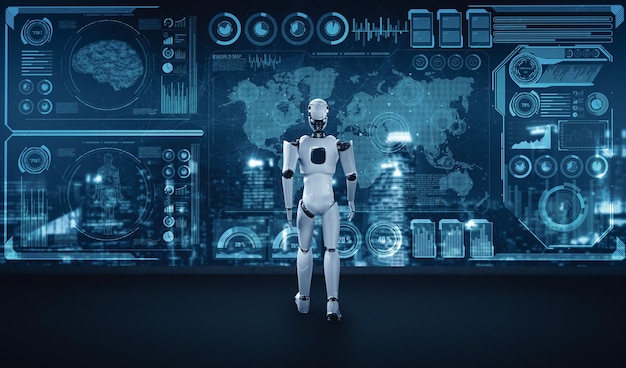 Mlb d haciendo robot humanoide analizando grandes datos usando el pensamiento de la IA