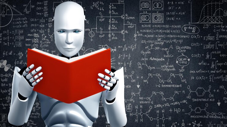 Foto mlp d renderización de robot hominoide lectura de libros y resolución de matemáticas