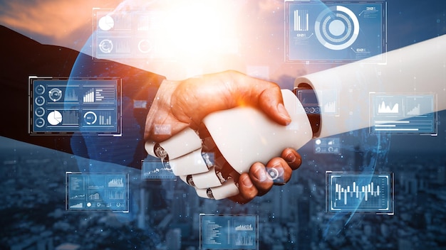 Mlp d renderizando el apretón de mano del robot hominoide para colaborar con la tecnología futura