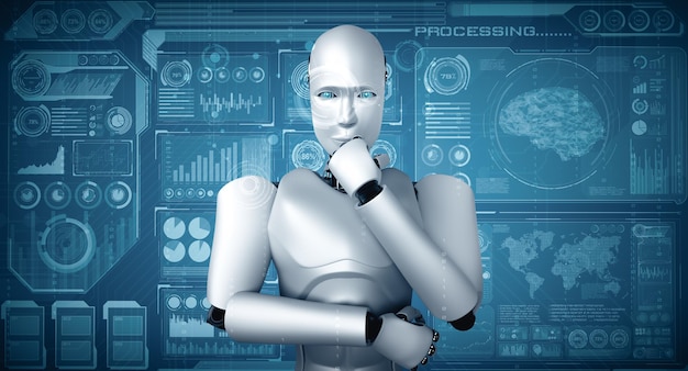MLP robot humanoide de IA pensante que analiza la pantalla del holograma que muestra el concepto de grandes datos