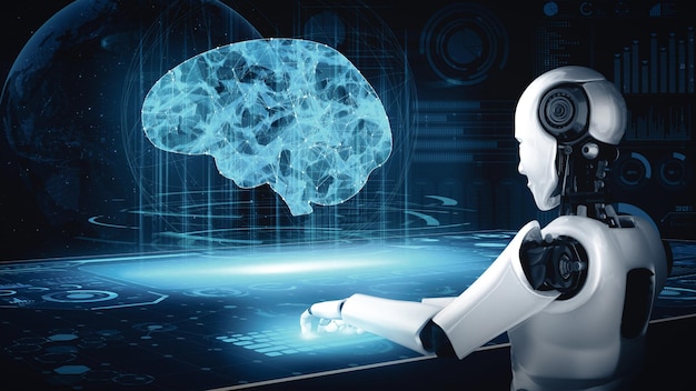 Mlp-Roboter-Hominoiden benutzen Laptops und sitzen am Tisch im Konzept eines denkenden Gehirns