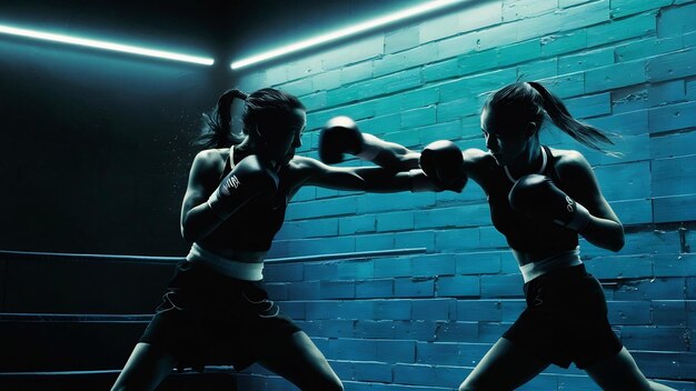 Mma dos boxeadores profesionales golpeando o boxeando aislados en la pared azul en neón