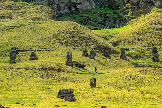 Moai ubicado en la ladera de Rano Raraku