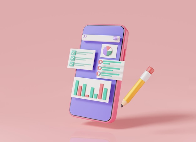 Mobil mit Data Analytics SEO-Optimierungs-Dashboard und Business-Finanzberichtsdiagramm Online-Marketing-Grafik Analytische Optimierung Marketing 3D-Symbol Render-Illustration auf rosa Hintergrund