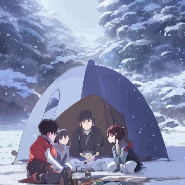 Mobile anime-figuren stehen im winter in einem verschneiten wald winter asiatischer camping-anime-stil