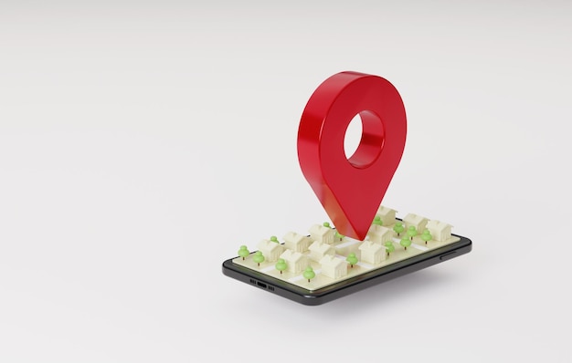 Mobile Bildschirmnavigations-App 3D-Stadtplan roter Stift, der auf den Standort zeigt