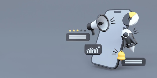 Mobile-Business-Marketing-Illustration mit schwarzem Hintergrund 3D-Rendering