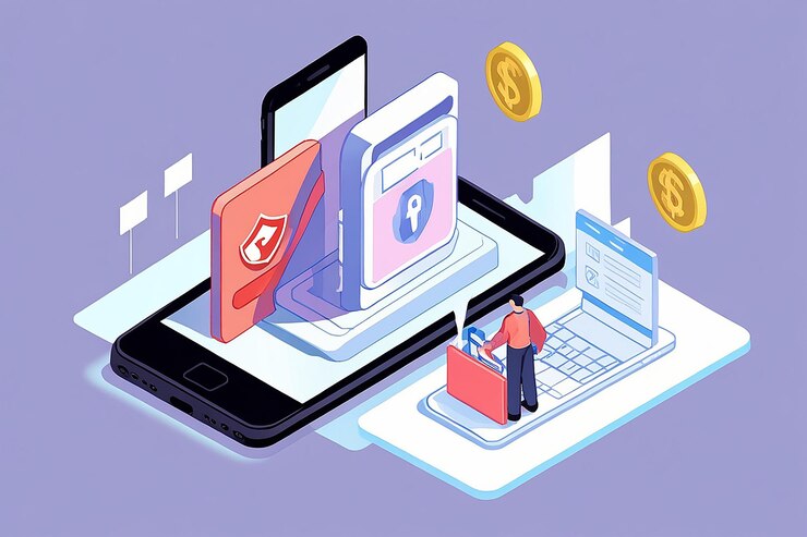 Foto mobile business money seguro y seguro de pago en línea isométrico