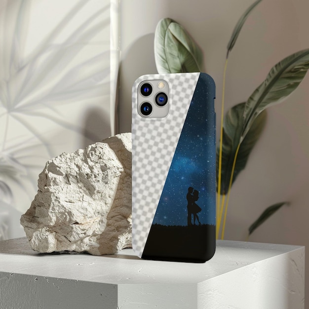 Mobile Phone Case Mockup Estética olhar em luz brilhante em plataforma branca com uma pedra única