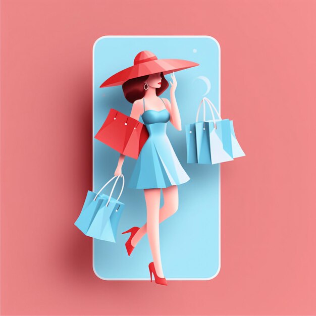Mobiles Modell einer Käuferin mit einem Kleid und einem E-Commerce-Konzept mit Einkaufstaschen