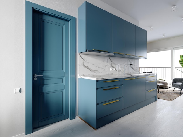 Mobília de cozinha azul brilhante contra uma parede branca com uma sala de estar e jantar