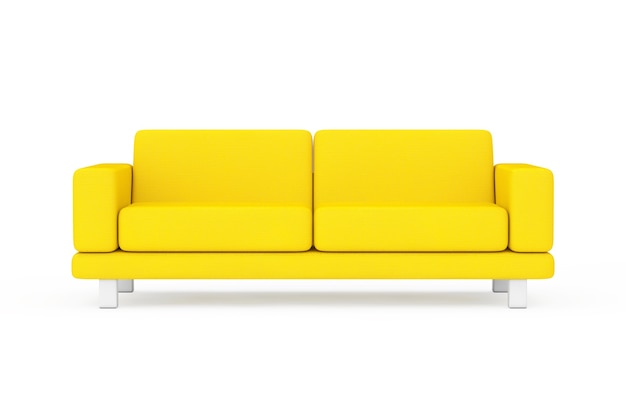 Mobília do sofá moderno simples amarelo em um fundo branco e amarelo. Renderização 3D