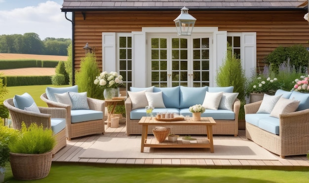 Mobiliario al aire libre de salón de jardín y decoración de patio de casa de campo con sofá y mesa diseño de paisaje de estilo cabaña de campo