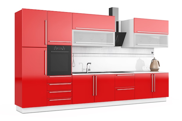 Mobiliario de cocina rojo moderno con menaje de cocina sobre un fondo blanco. Representación 3D