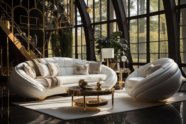 Foto mobiliário de design com elementos dourados em sala de luxo hollywood ai gerar