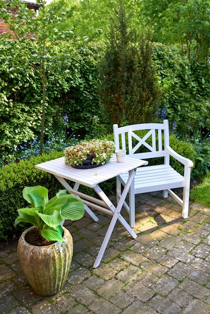 Mobiliario de jardín blanco de madera en un patio aislado al aire libre Vista en ángulo alto de una zona acogedora para tomar café y leer al aire libre Ubicación privada para relajarse y disfrutar del tiempo a solas en el cálido clima de verano