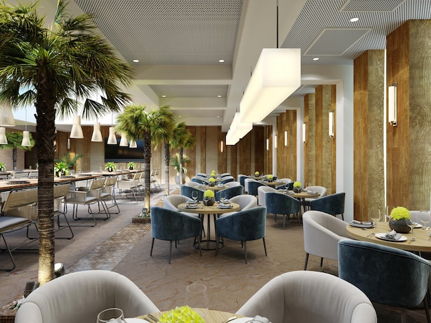 Mobiliário moderno no restaurante com mesas redondas e poltronas macias e palmeiras dentro