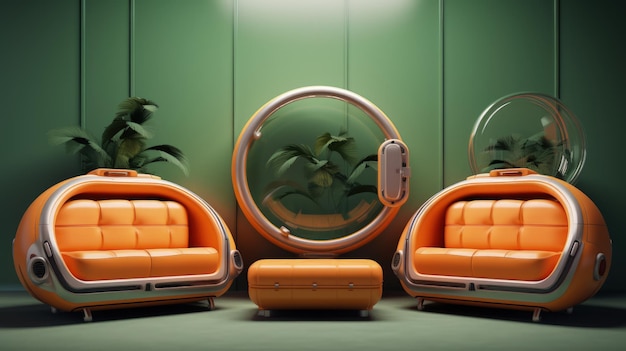 Mobiliario naranja Sala de estar con espejo redondo