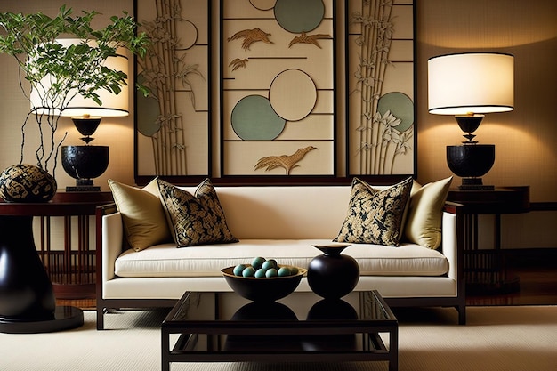 Mobiliario de salón moderno de inspiración asiática, incluido el sofá