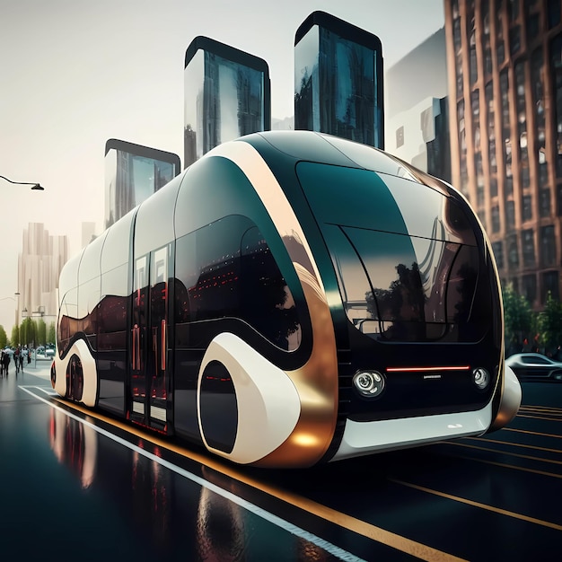 Mobilidade urbana, ônibus ultramoderno na cidade. Design generativo de IA de treinador