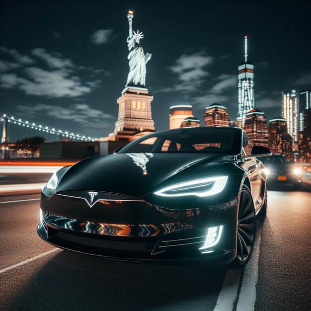 mobilidade verde pelo carro Tesla da baía contra o cenário icônico de Lady Liberty