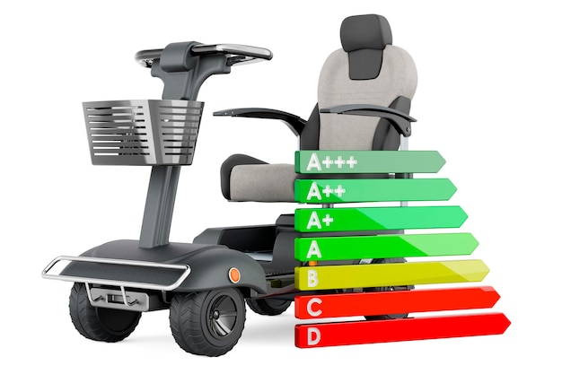 Mobilitätsscooter mit Energieeffizienzdiagramm 3D-Rendering isoliert auf weißem Hintergrund